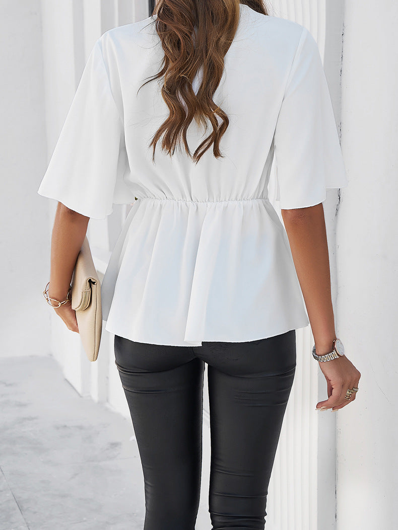 White Plain V-Neck Ribbon Tie Blouse