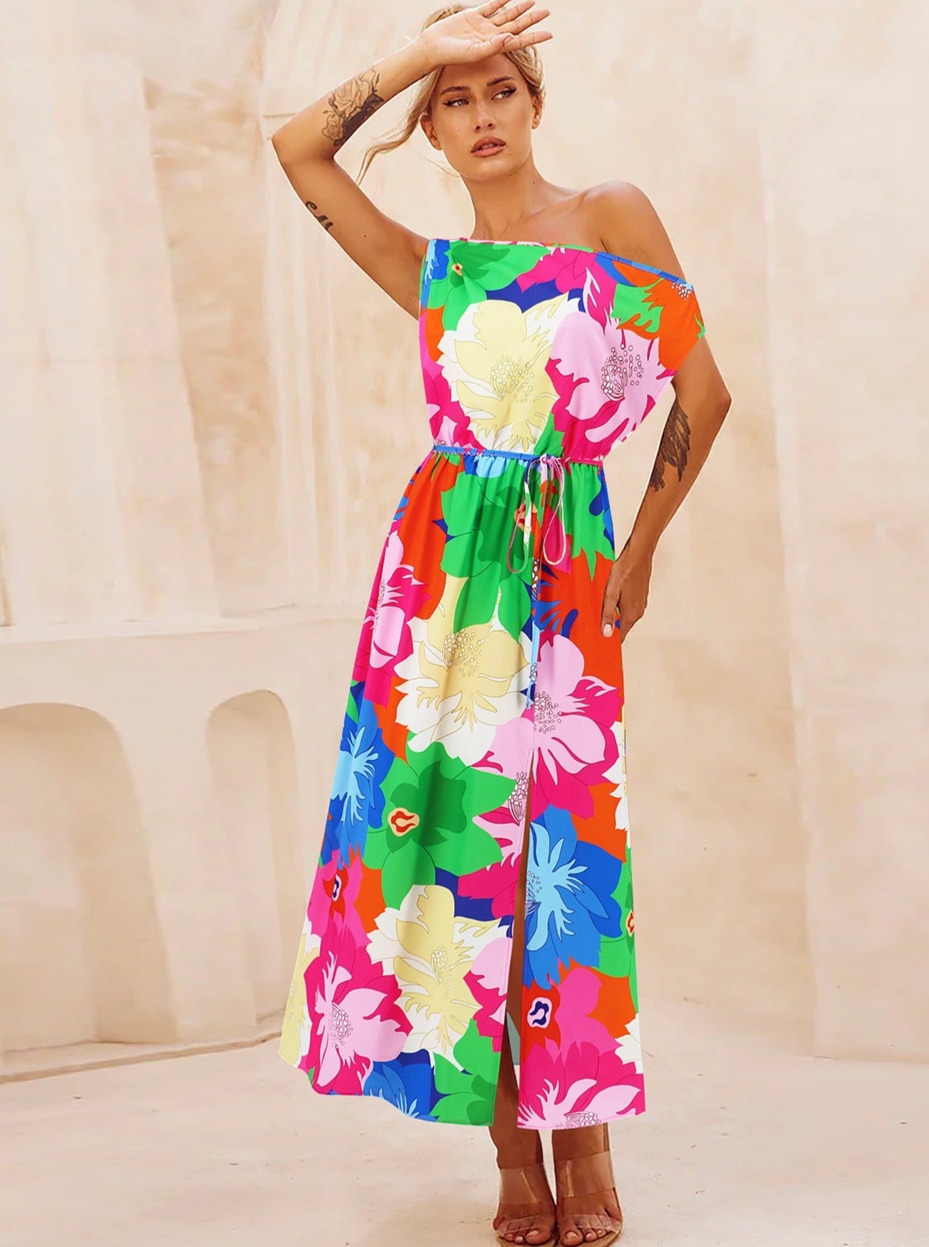 Floral Print Slant Shoulder Belted Long Dress