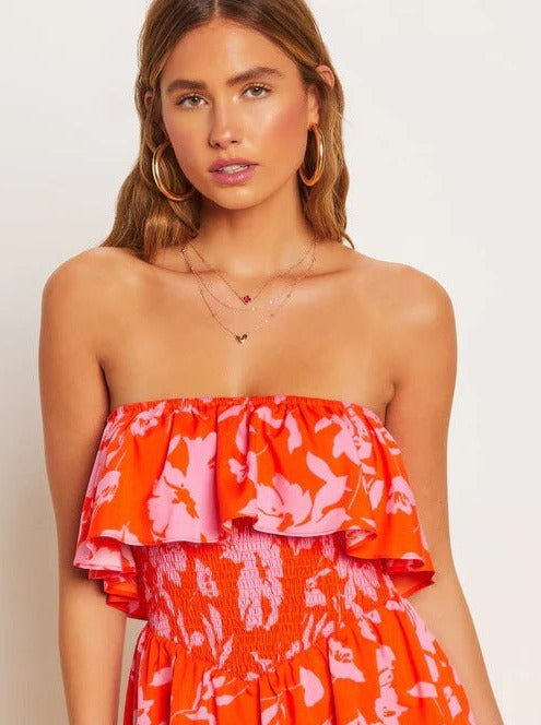 Red Strapless Tropical Printed Tube Top Dress