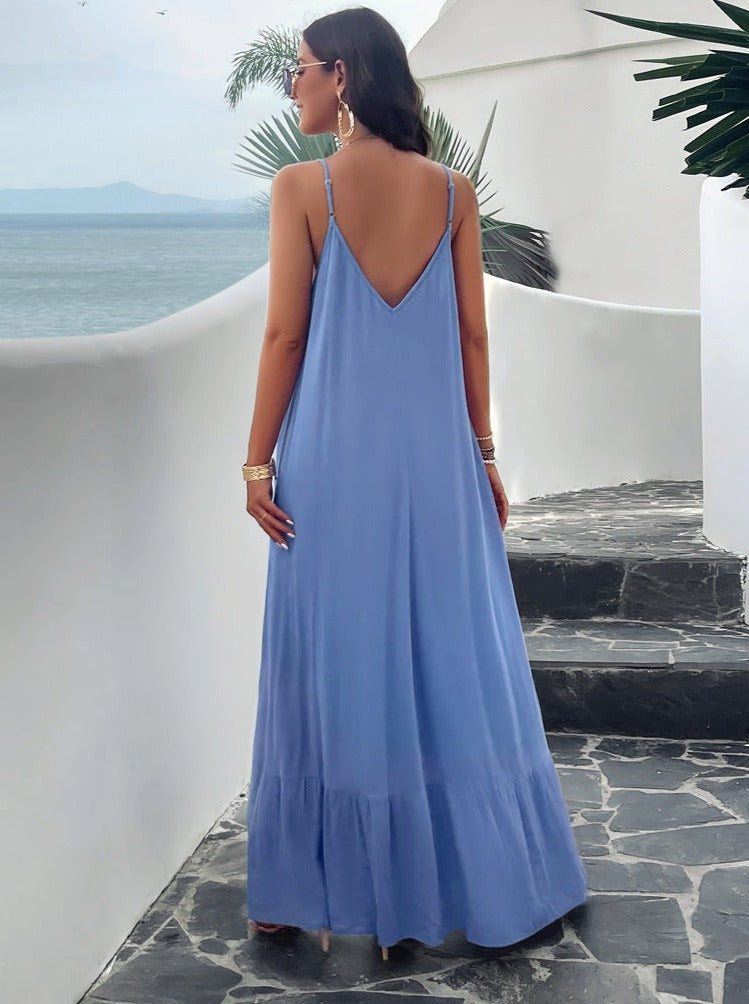 Blue Casual Solid Color Suspender Maxi Dress