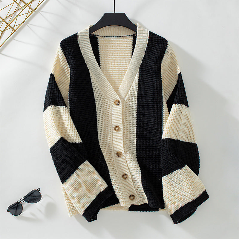 Classy V-Neck Buttoned Stripes Long Sleeve Cardigan