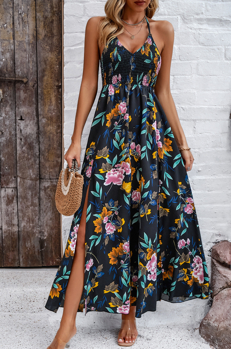 Black V-Neck Tie Back Printed Long Dress