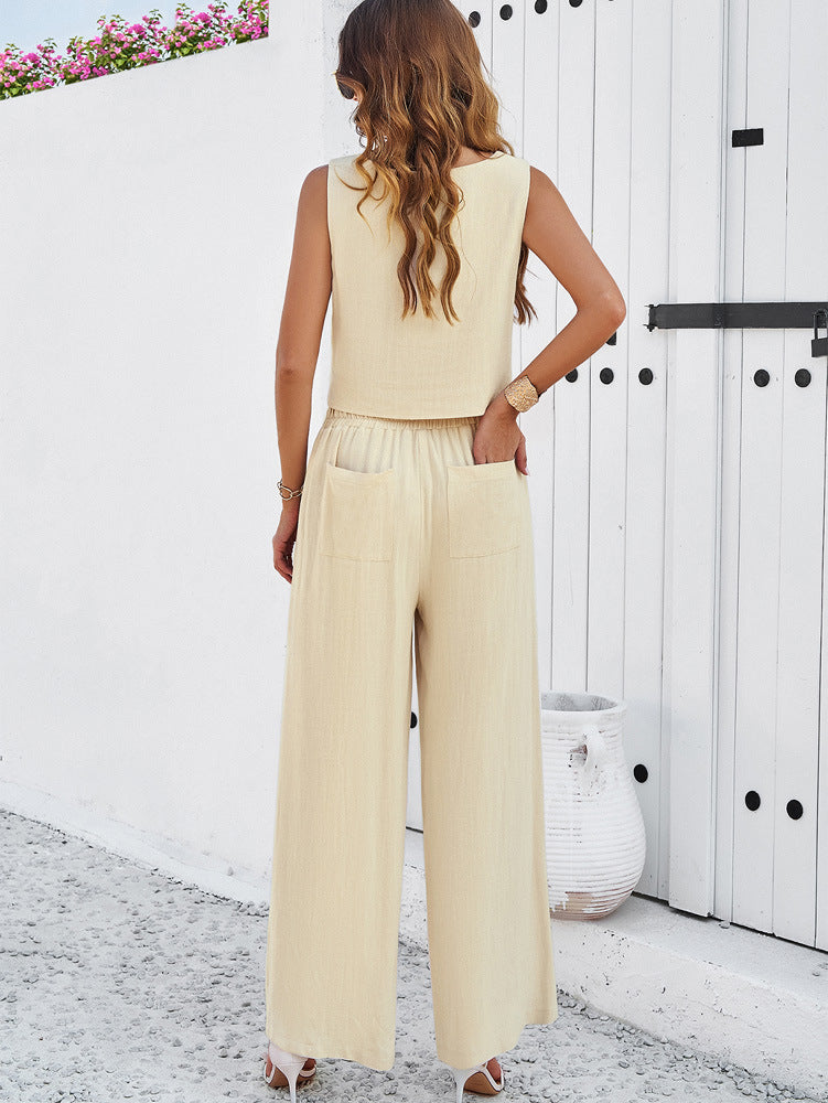 Khaki Two Piece Sleeveless Top and Loose Pants Set