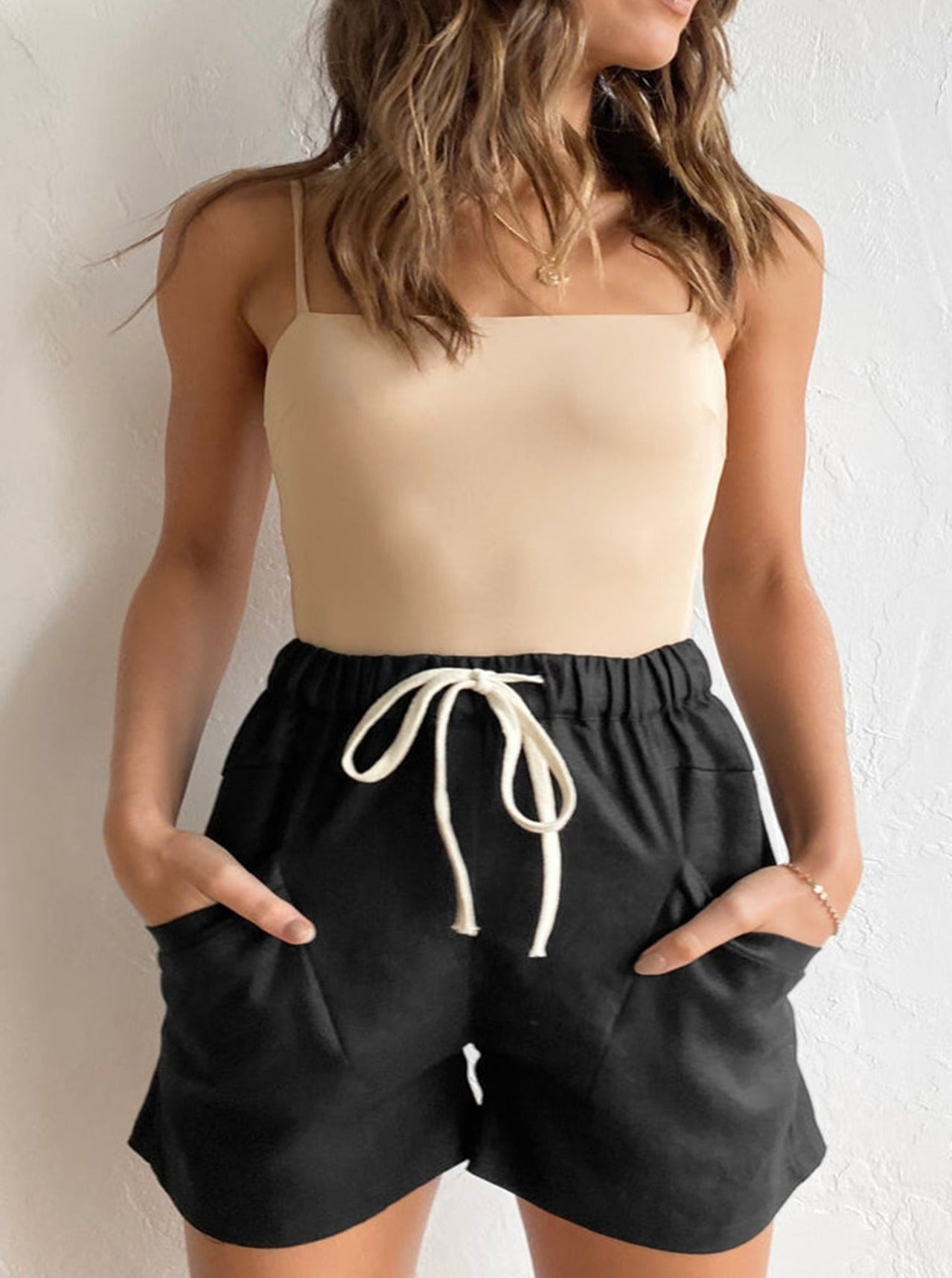 Black Stretchable Waist Casual Drawstring Summer Shorts