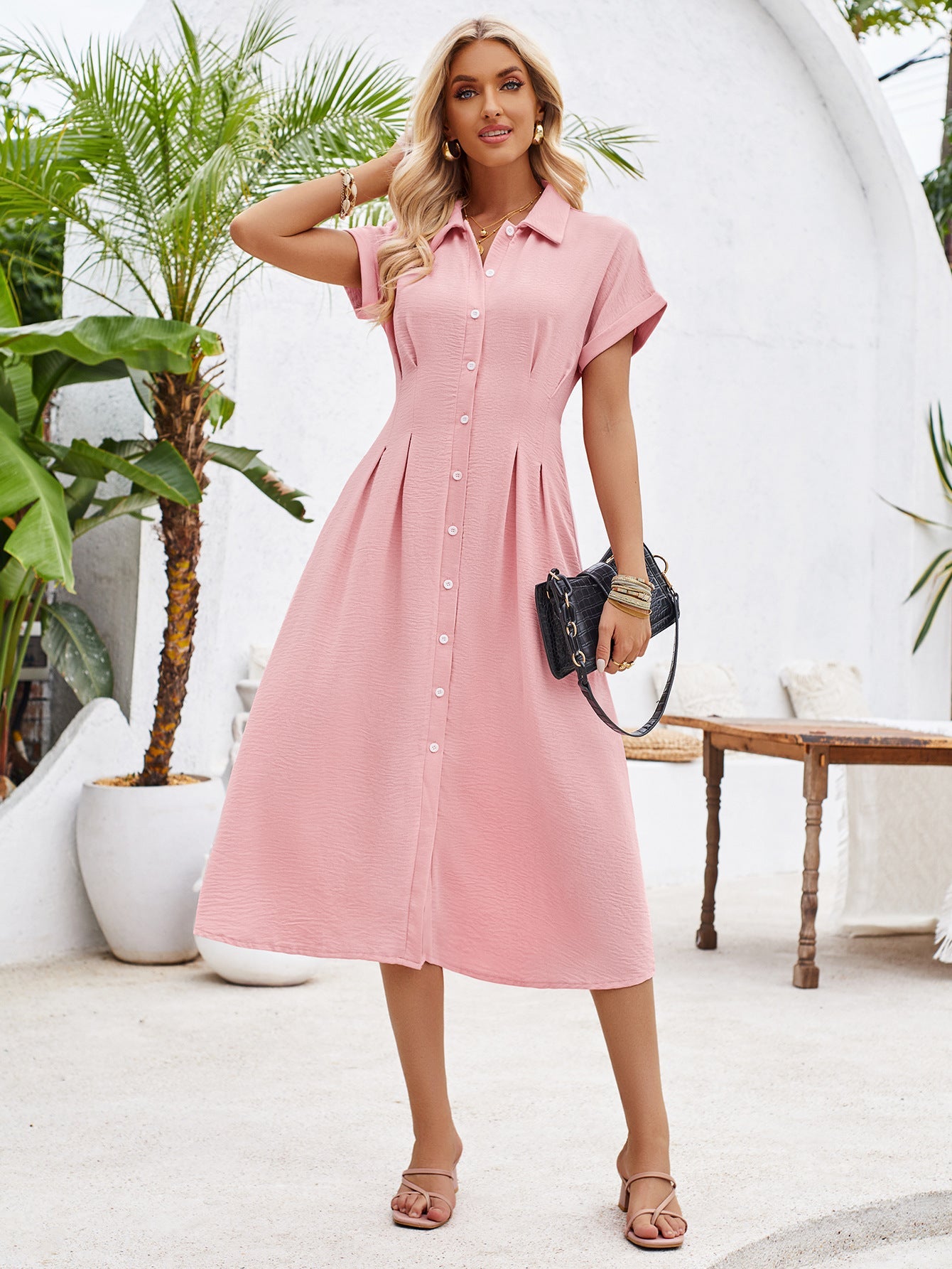 Plain Buttoned Tucked Shirt Short Sleeves Maxi Dress