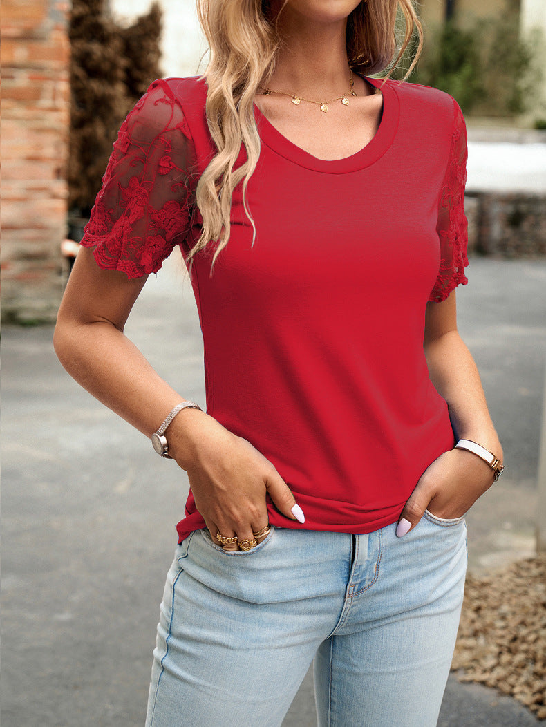 Red Round Neck Lace Sleeve T-Shirt