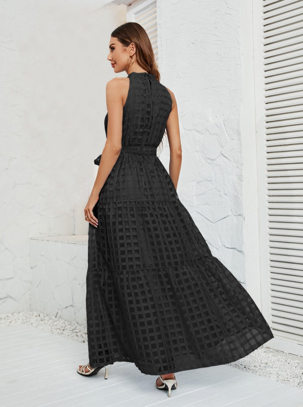 Black Halter Mesh Belted Maxi Dress