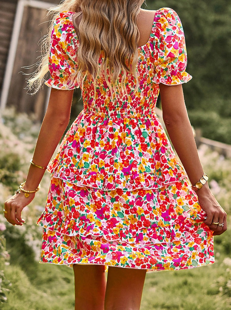 Pink V-Neck Off Shoulder Floral Printed Cake Skirt Dress