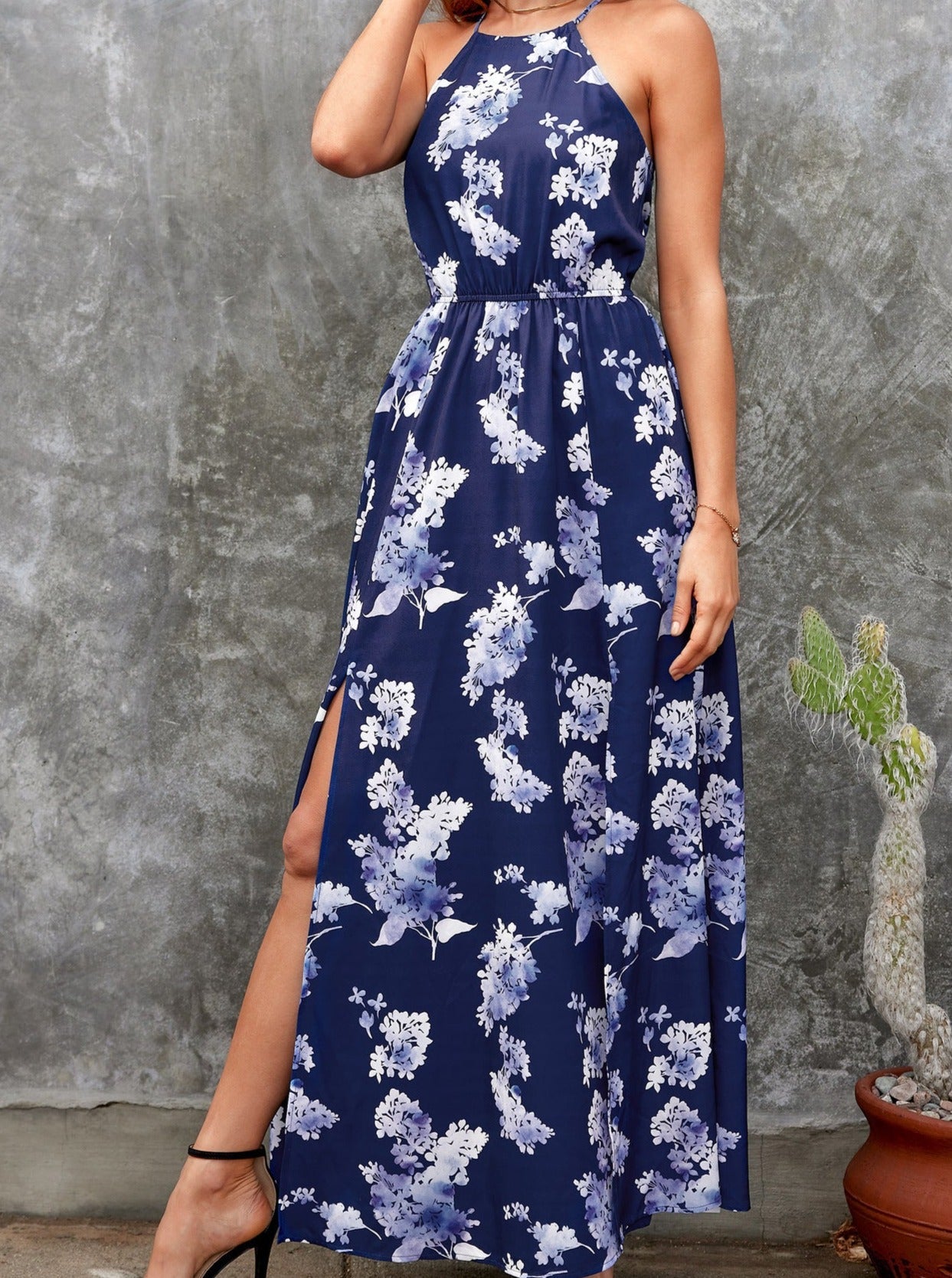 Floral Printed Halter Neck Slit Maxi Dress