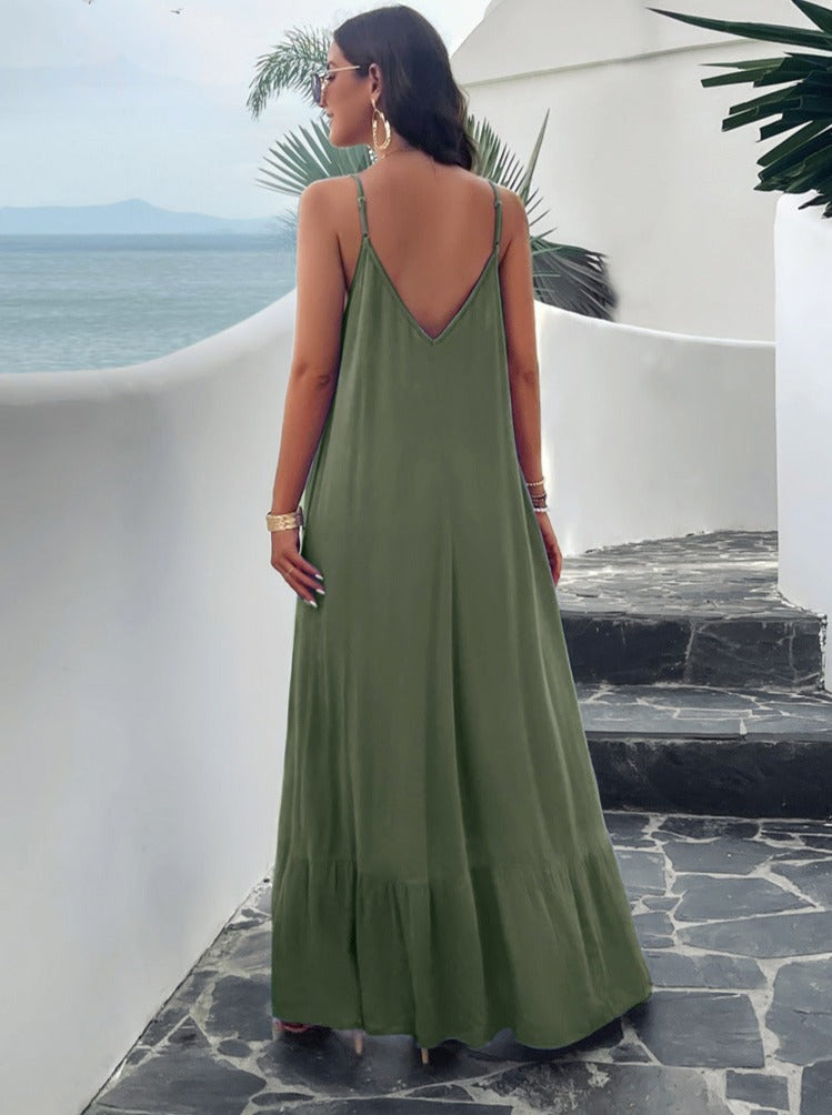 Green Casual Solid Color Suspender Maxi Dress