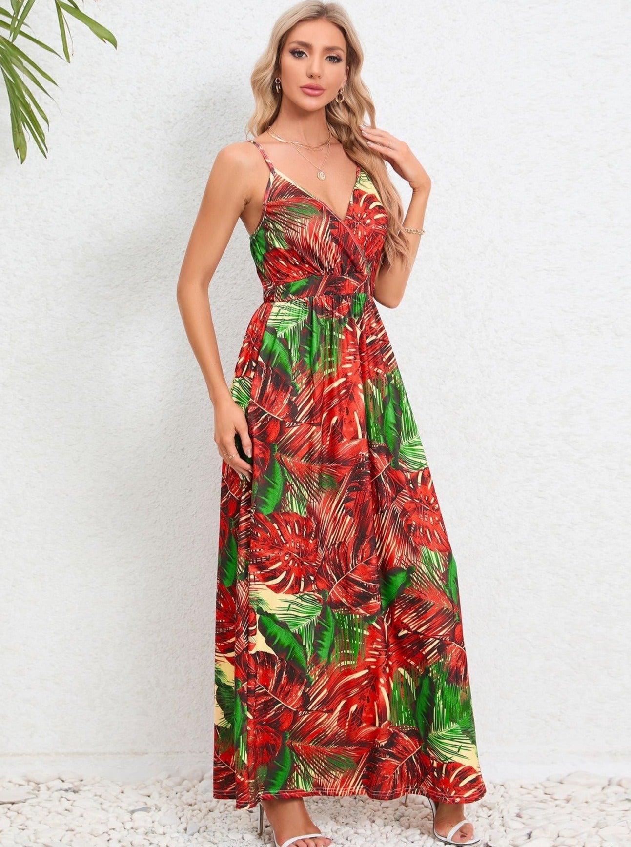 Red Green Tropical Printed Long Dress