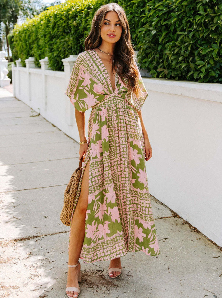 V-Neck Printed Loose Slit Dress