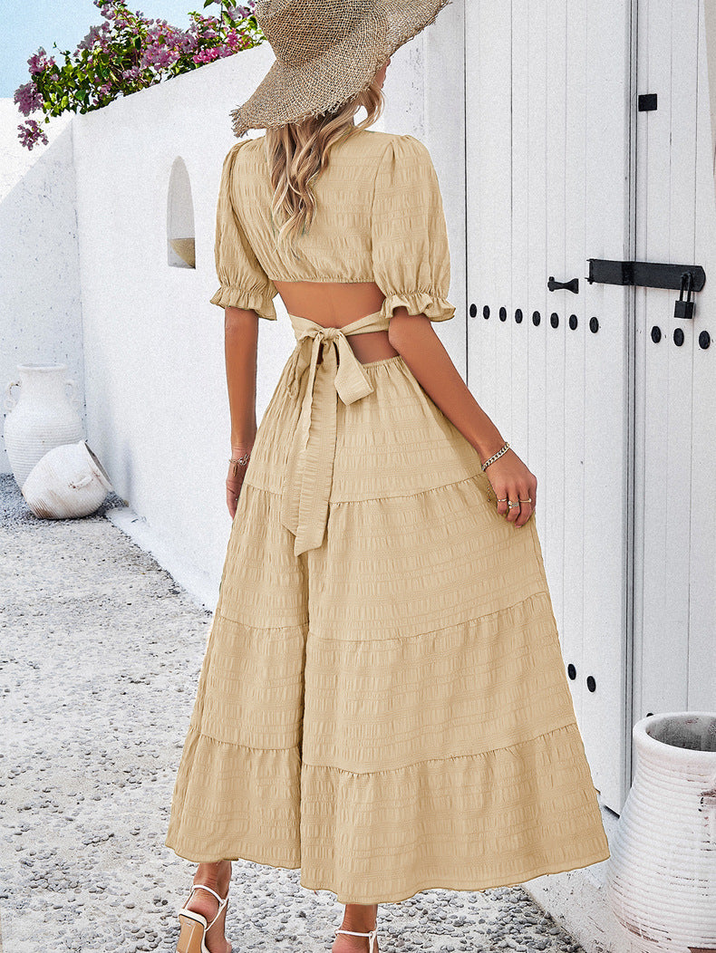 Khaki V-Neck Tie Waist Layered Dress