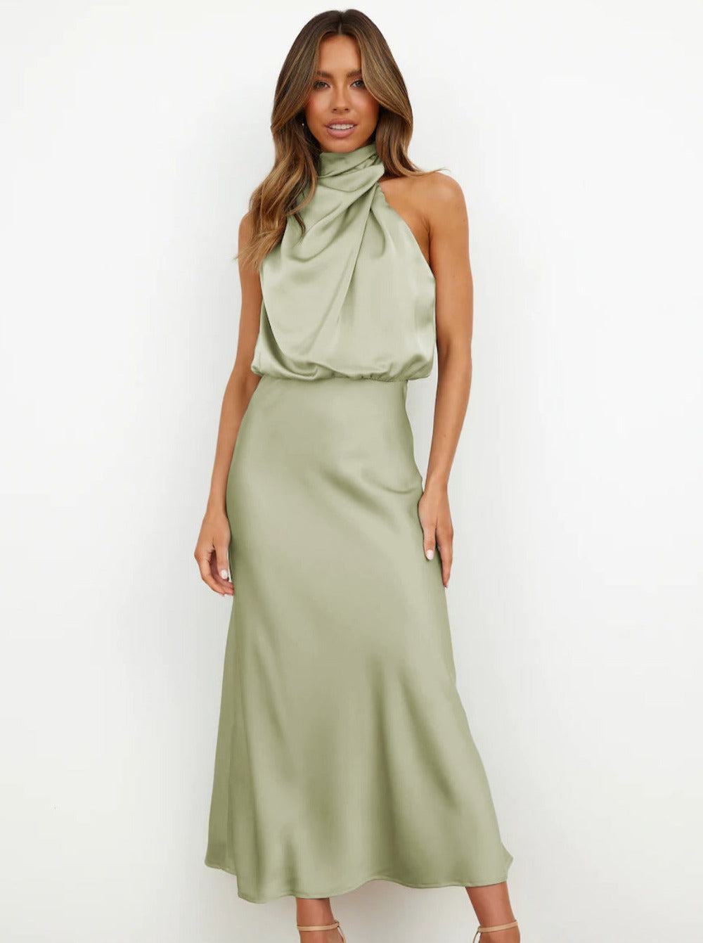 Elegant Light Green Halter Neck Dress