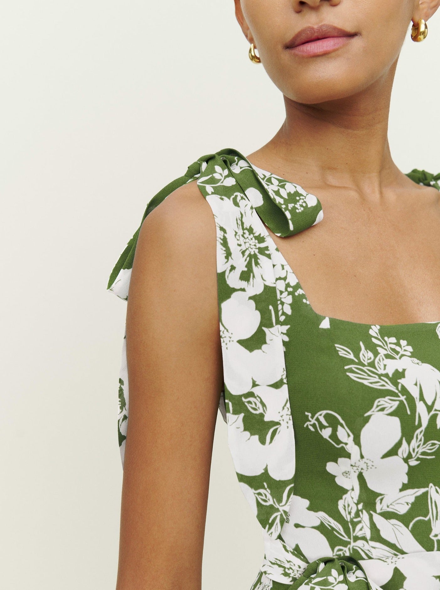 Green Floral Print Suspender Strap Square Neck Slit Dress