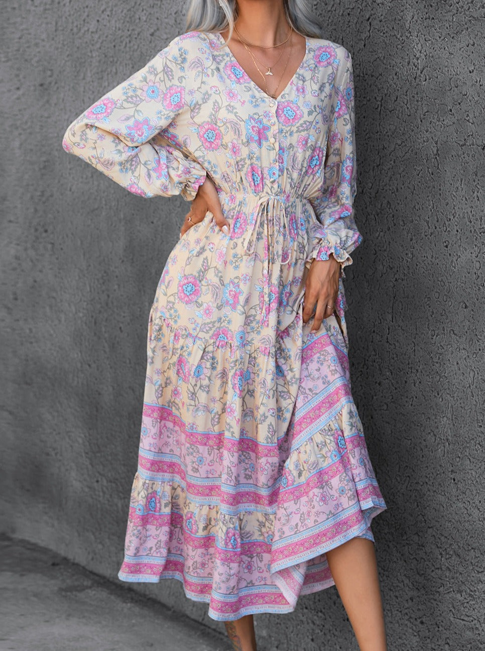 Bohemian Print Long Sleeve Swing Dress