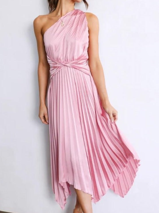 Solid Color One Shoulder Pleated Asymmetrical Dress