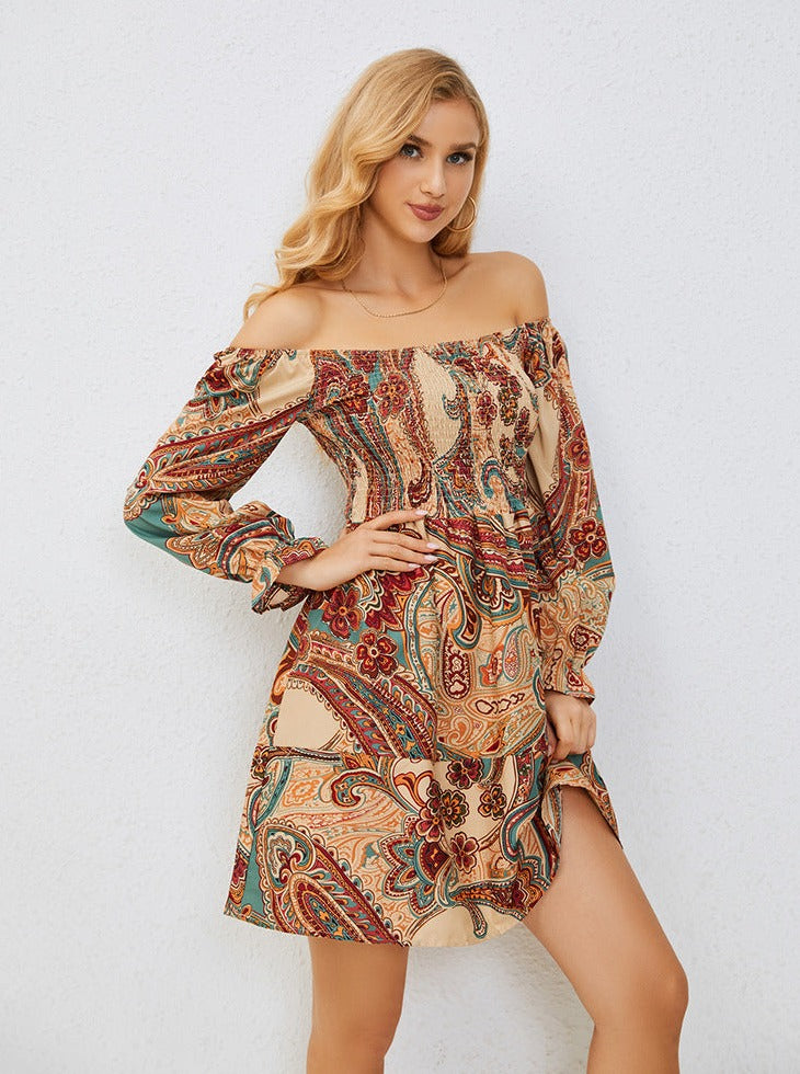 Off Shoulder Long Sleeve Bohemian Mini Dress