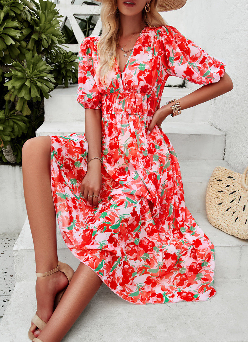 Casual Red V-Neck Printed High Waist Long Dress