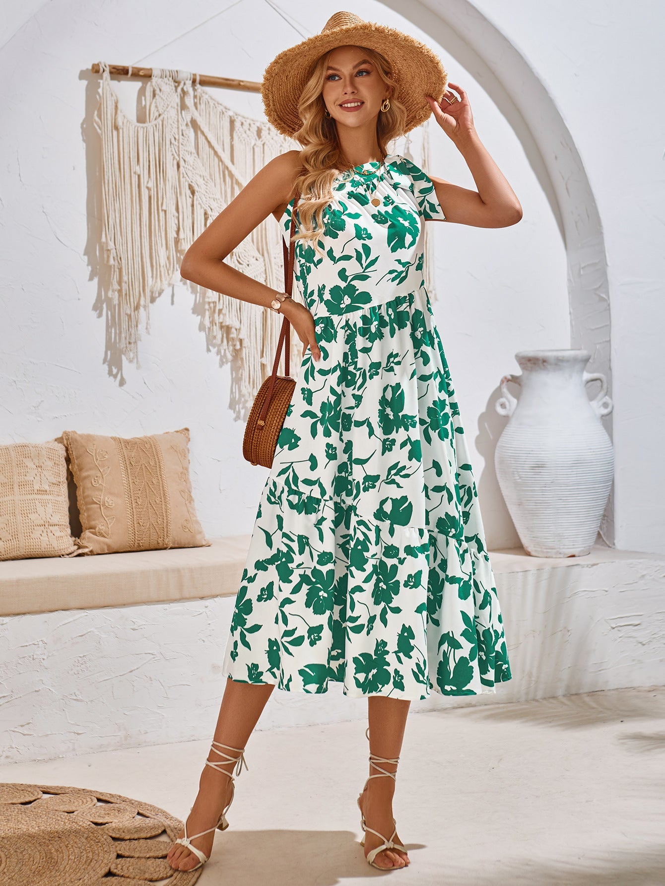 One Shoulder Floral Printed Pleated Dress