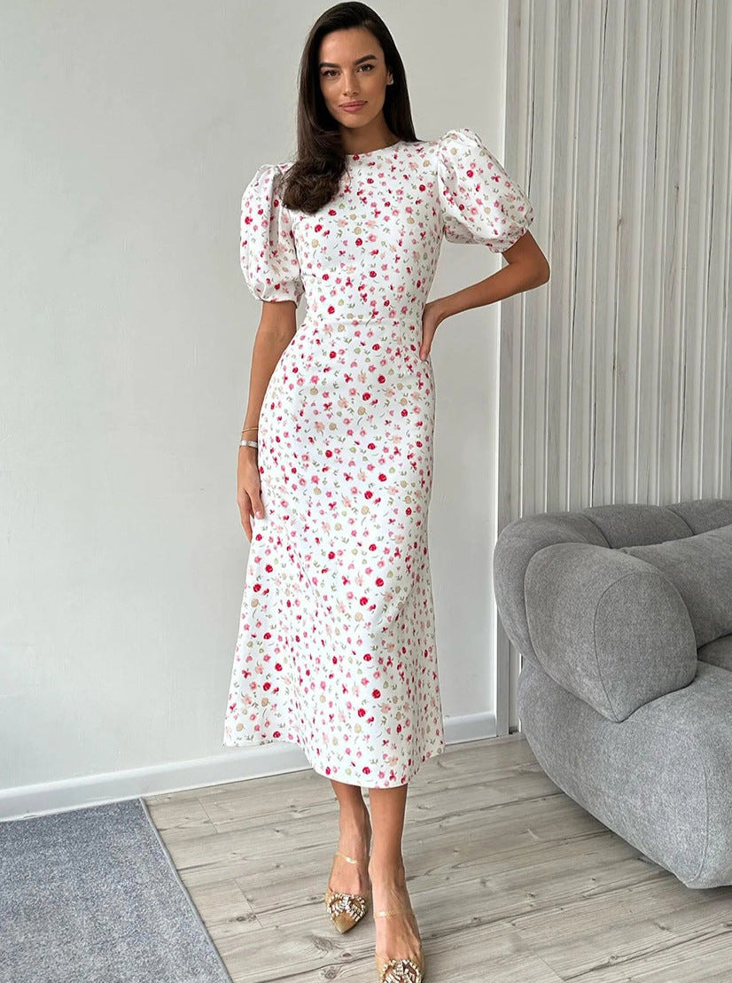 Elegant Floral Printed White Dress