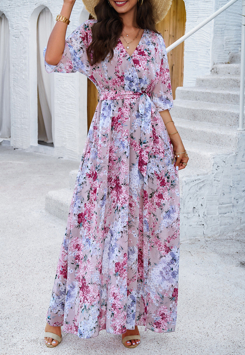 Floral Printed V-Neck Pleated Dress