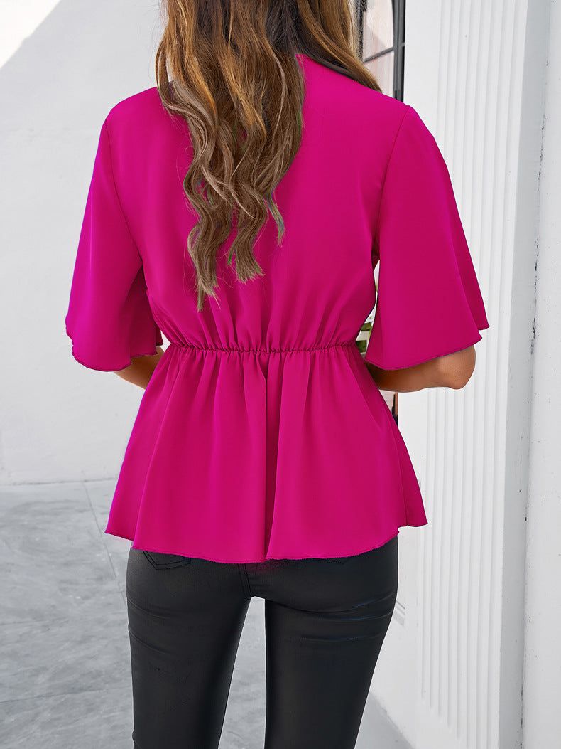 Rose V-Neck Ribbon Tie Blouse