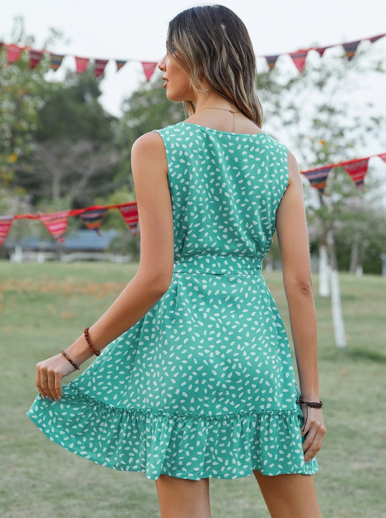 Sleeveless Tie Waist Polka Dots Mini Dress