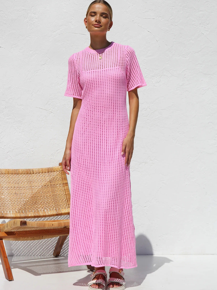 Pink Casual Round Neck Short Sleeve Hollow Mid-Length Dress