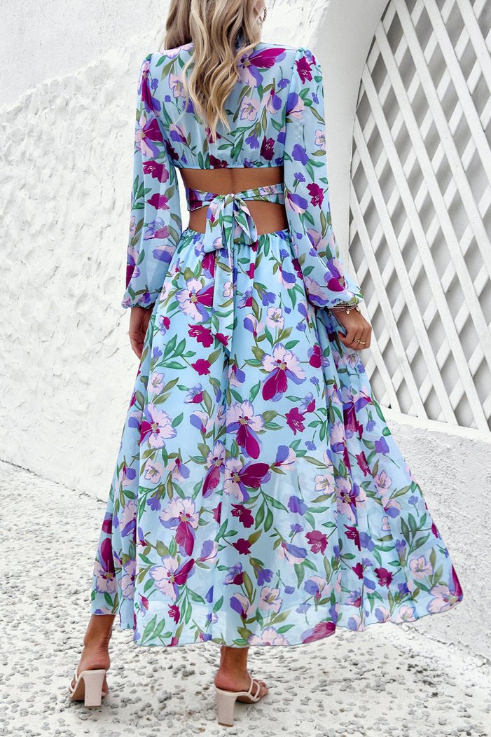 Long Sleeve Deep V-Neck Floral Maxi Dress