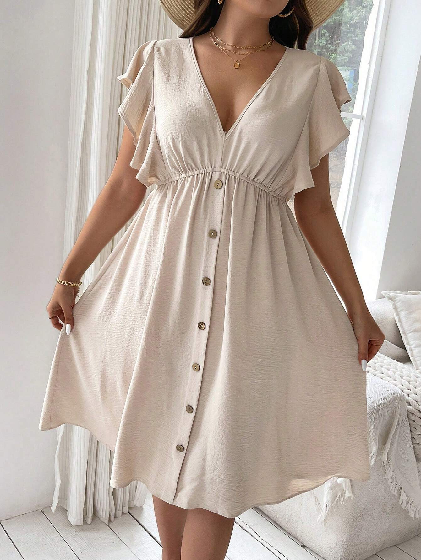 Plus Size V-Neck Button Down Sun Dress