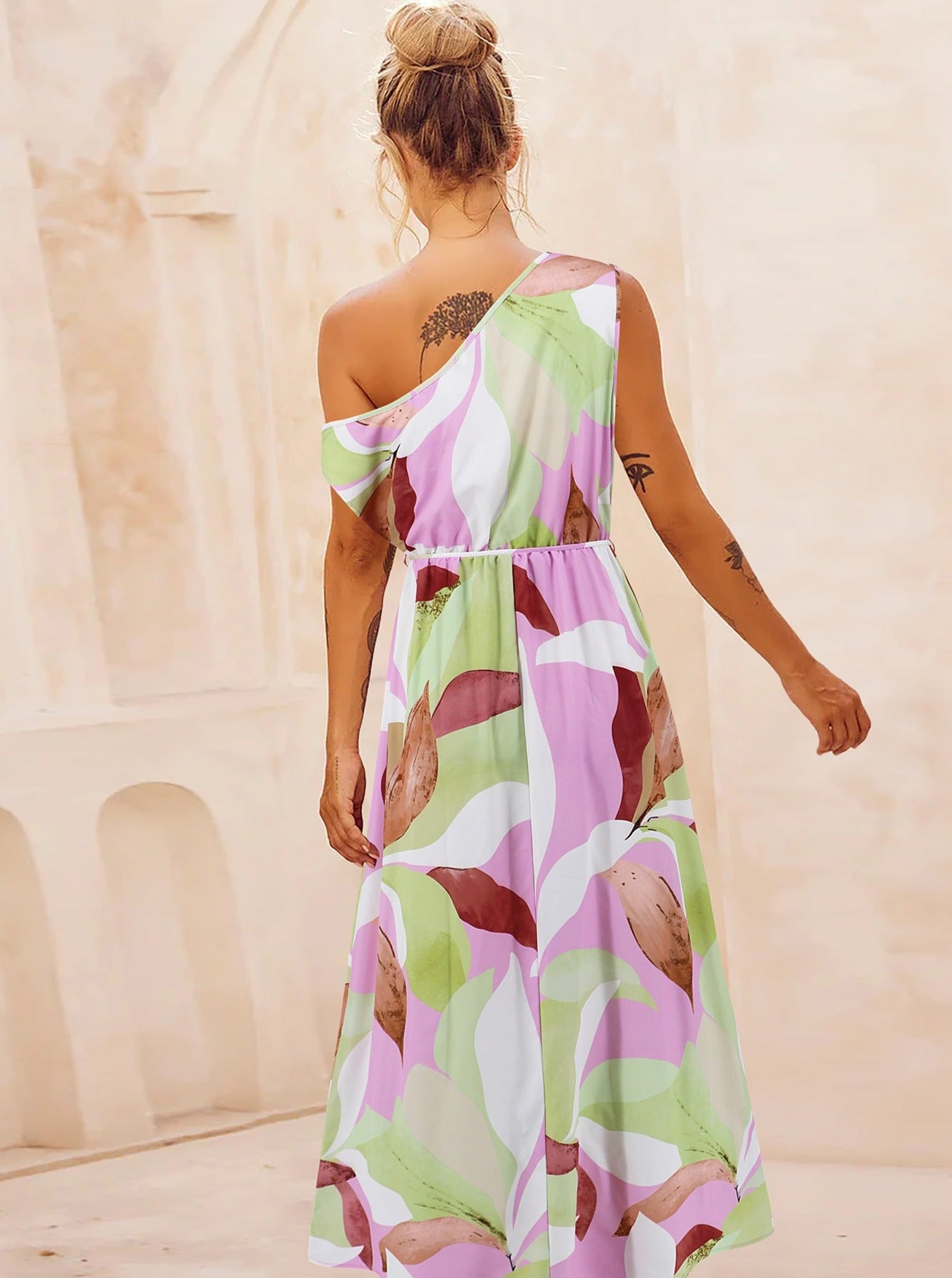 Floral Print Slant Shoulder Belted Long Dress