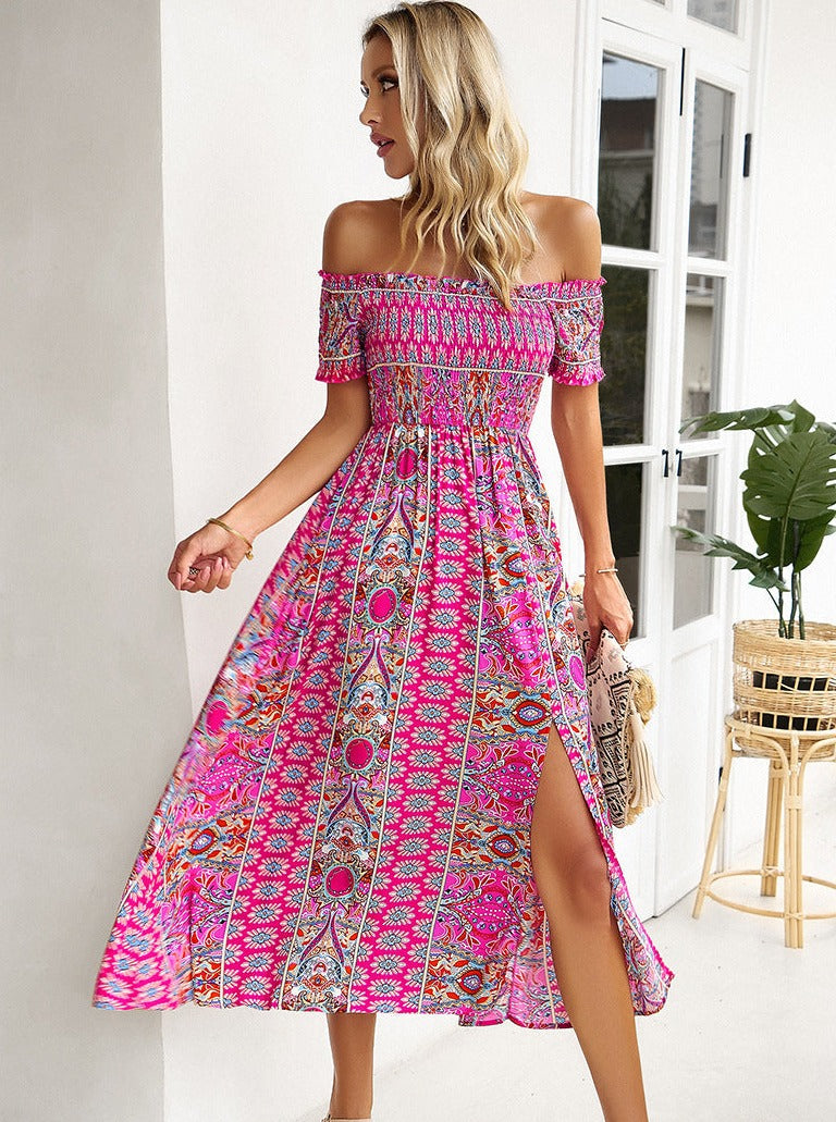 Pink Off Shoulder Bohemian Printed Dress