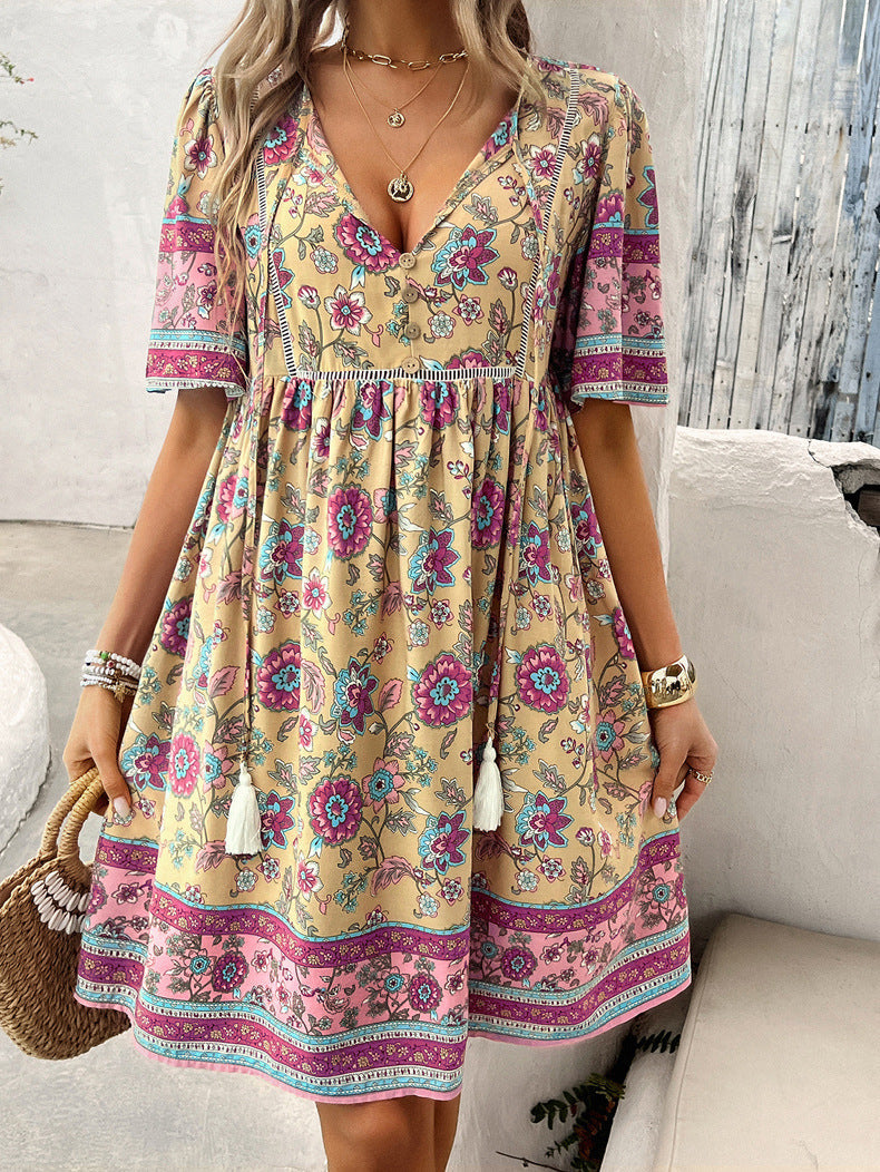 Apricot Retro Printed V-Neck Short Sleeve Dress