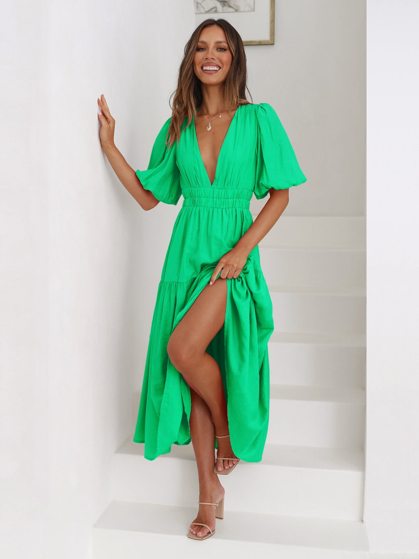 Green Deep V-Neck Puff Sleeve Layered Dress