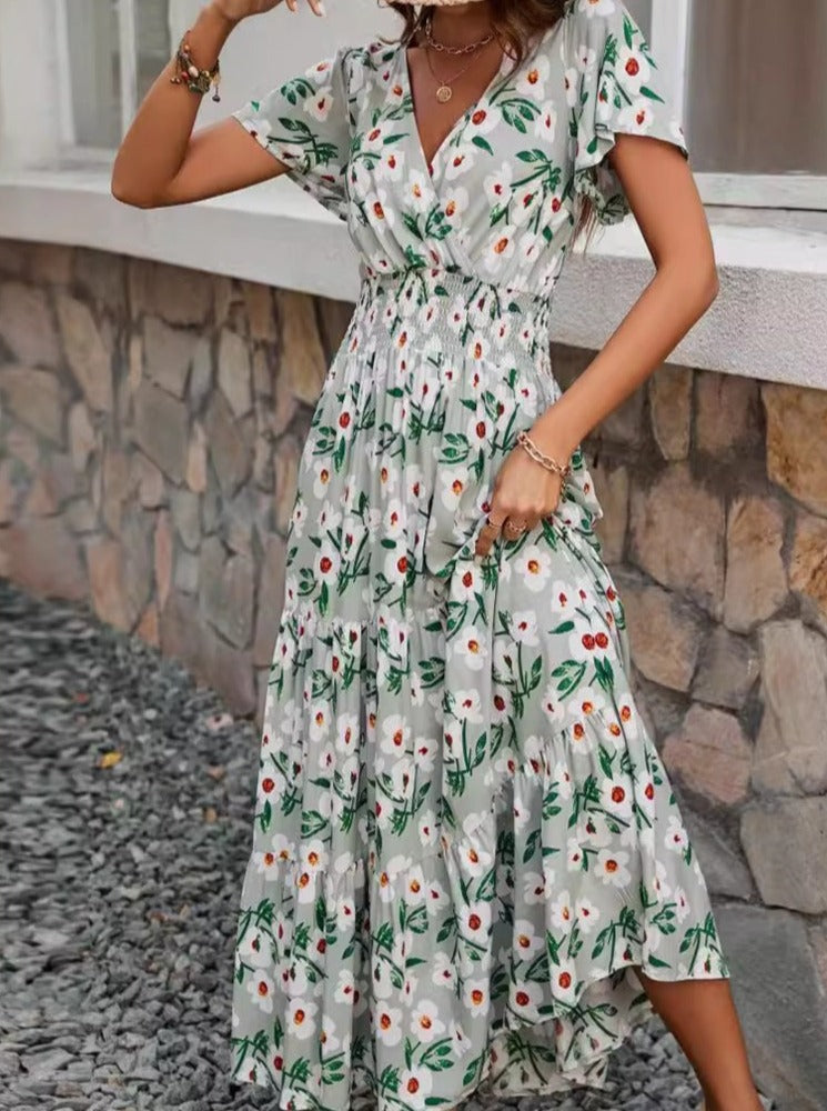 Retro Floral Printed V-Neck Flared Dress