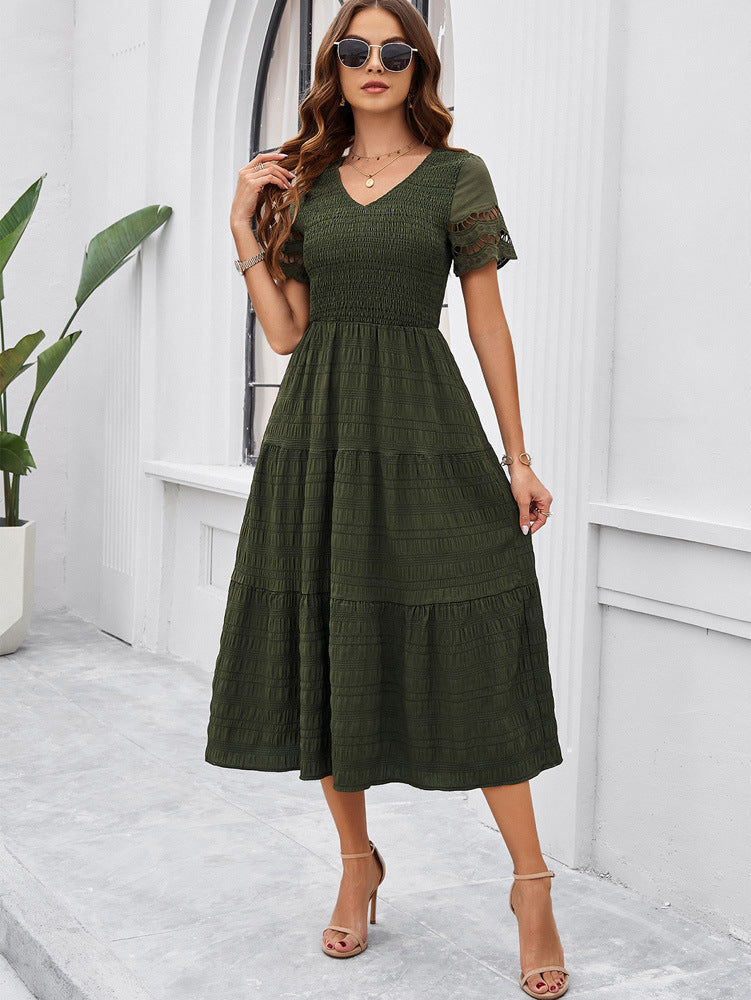 Dark Green Women's Lace Casual Mesh Midi Dress