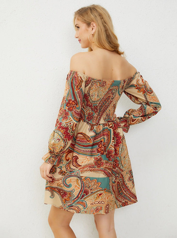 Off Shoulder Long Sleeve Bohemian Mini Dress