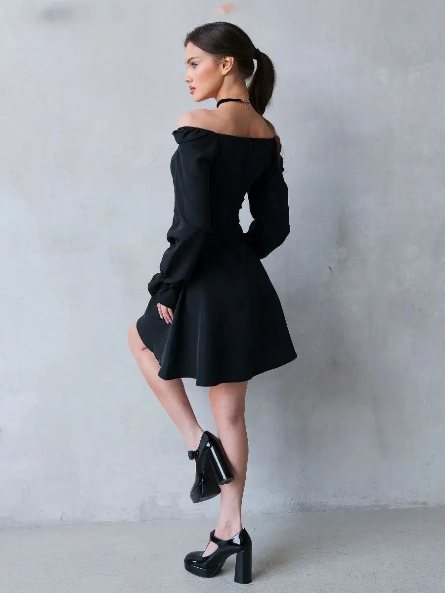 Classy Square Neck Long Lantern Sleeve High Waist Mini Dress