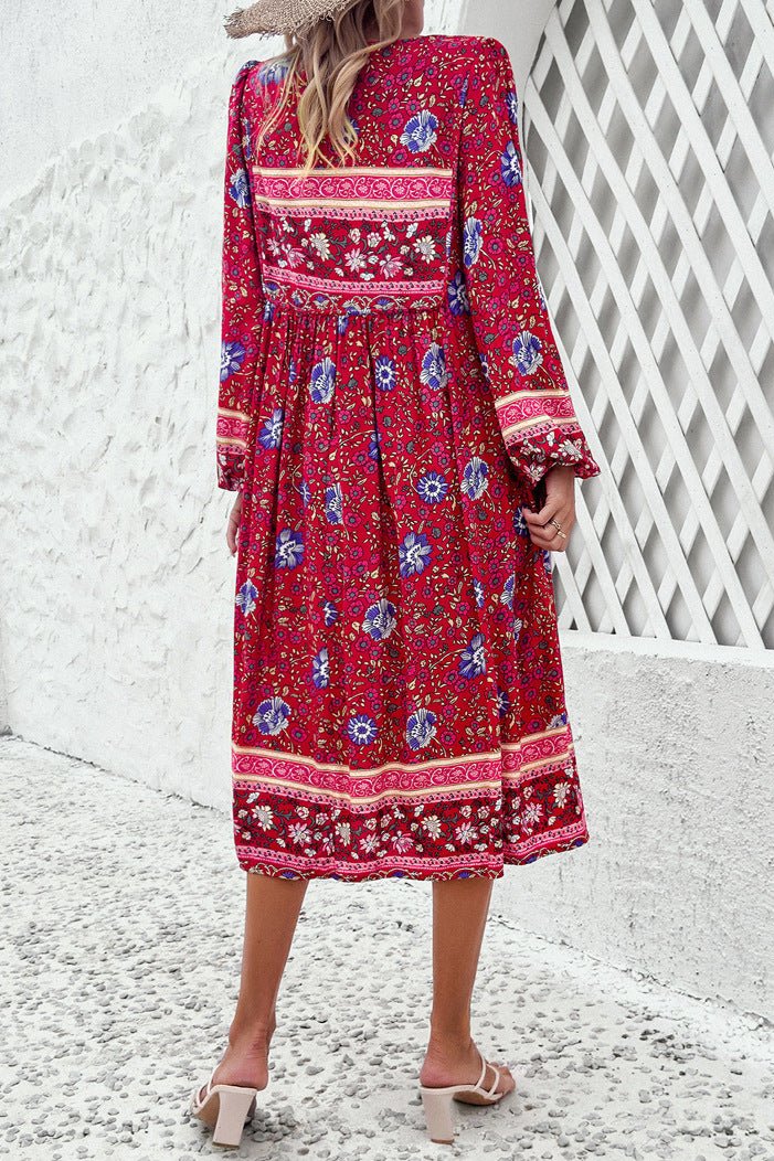 Stylish Red Floral Long Lantern Sleeve Midi Dress