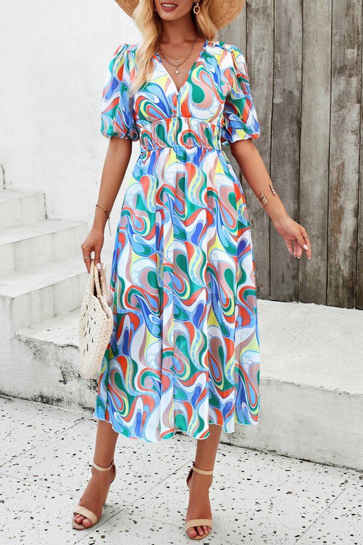 Casual Floral V-Neck Puff Sleeve Midi Dress