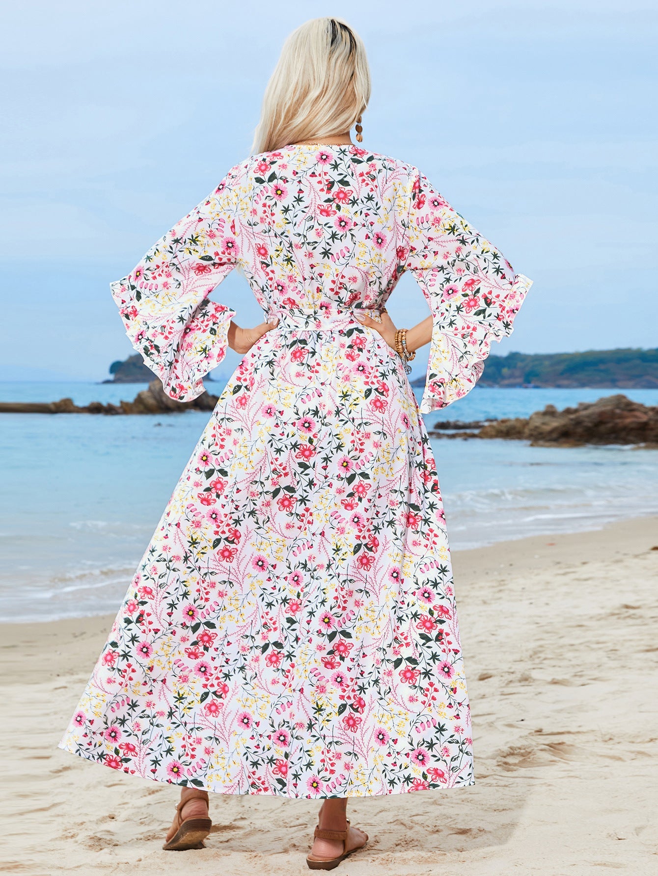 Pink Floral Bell Sleeves V-Neck Maxi Dress With Side Slit