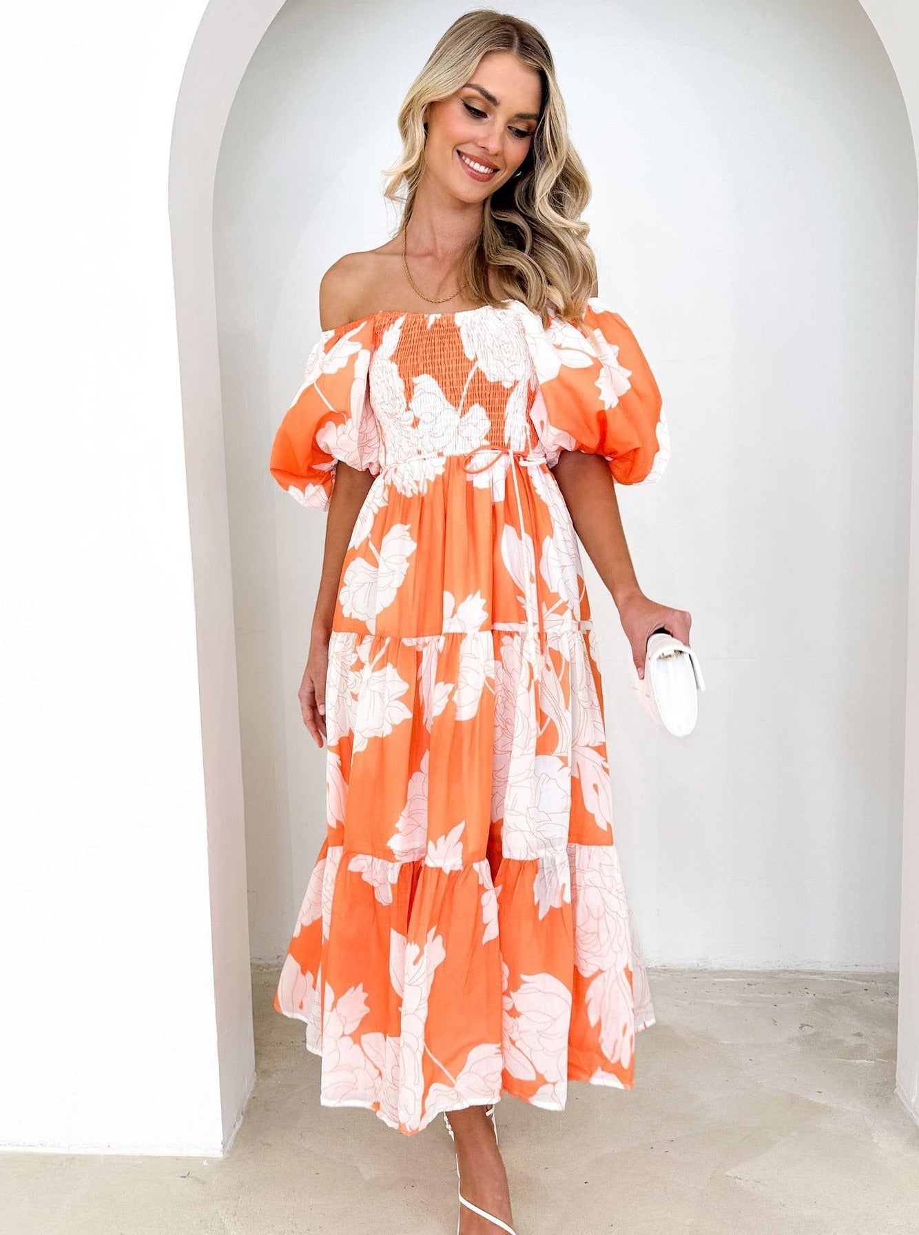 Floral Maxikleid Off-Shoulder Puffärmel Buntes Muster Sommer Chic