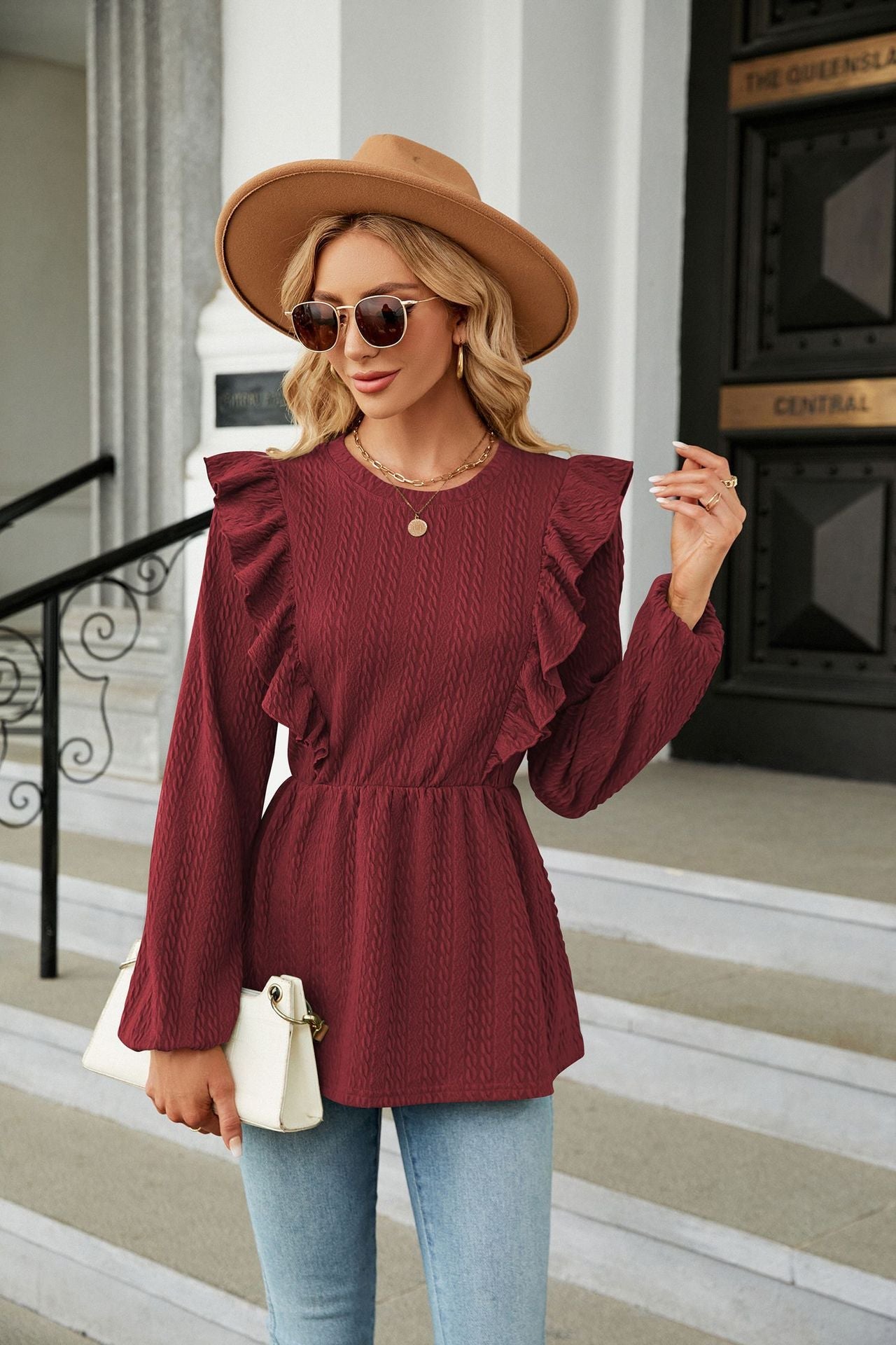 Classic Red Long Sleeve Round Neck Ruffle Blouse