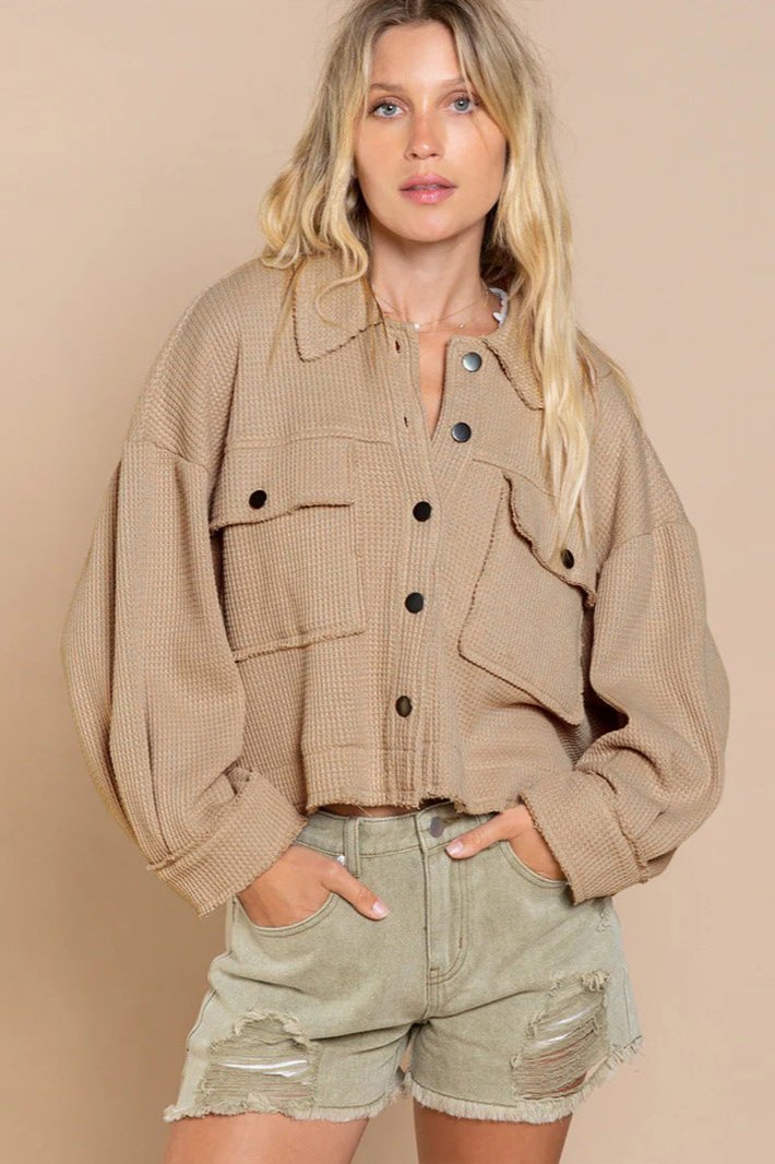 Khaki Long Sleeve Solid Color Collared Jacket