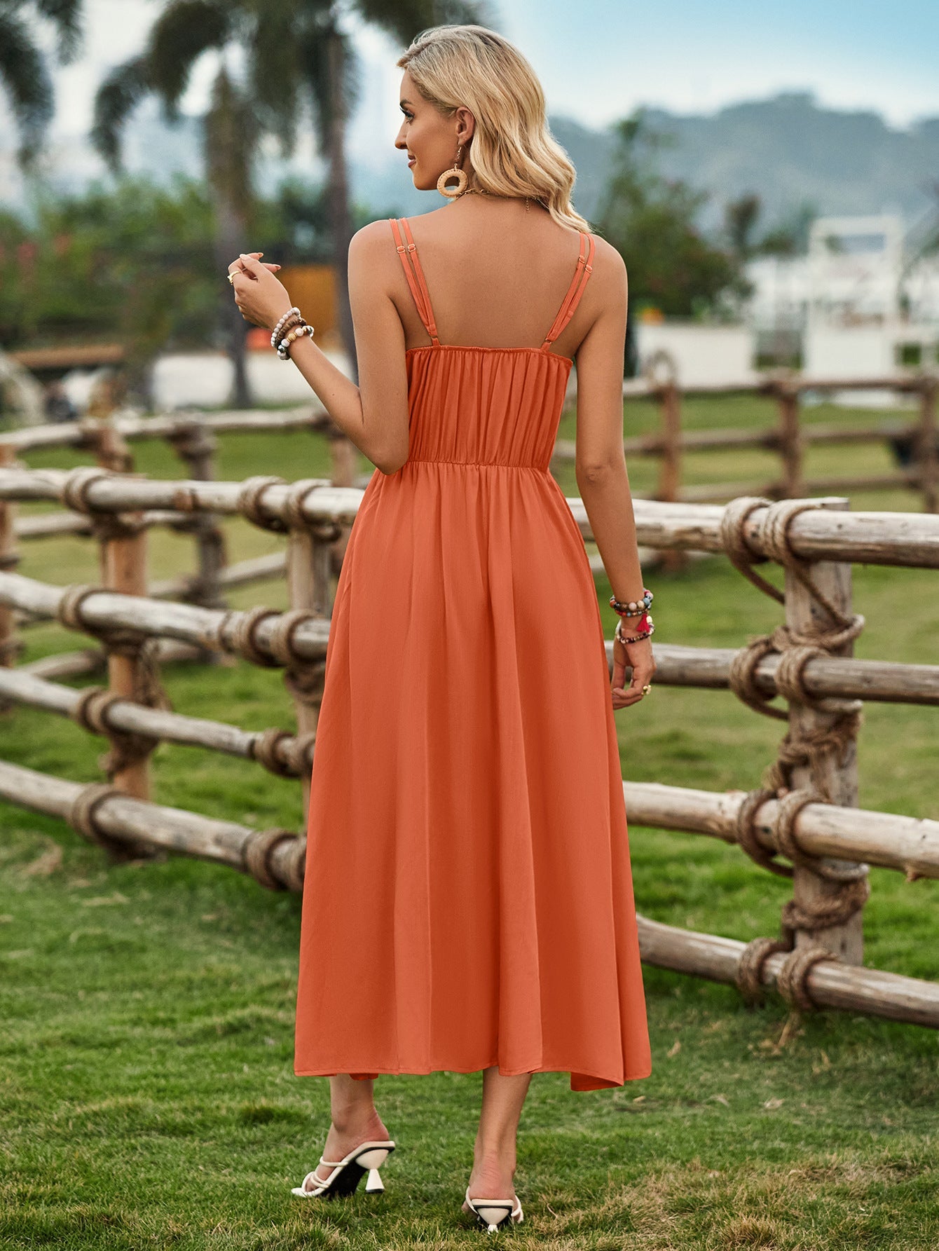 Solid Color Sleeveless Tie Waist Dress