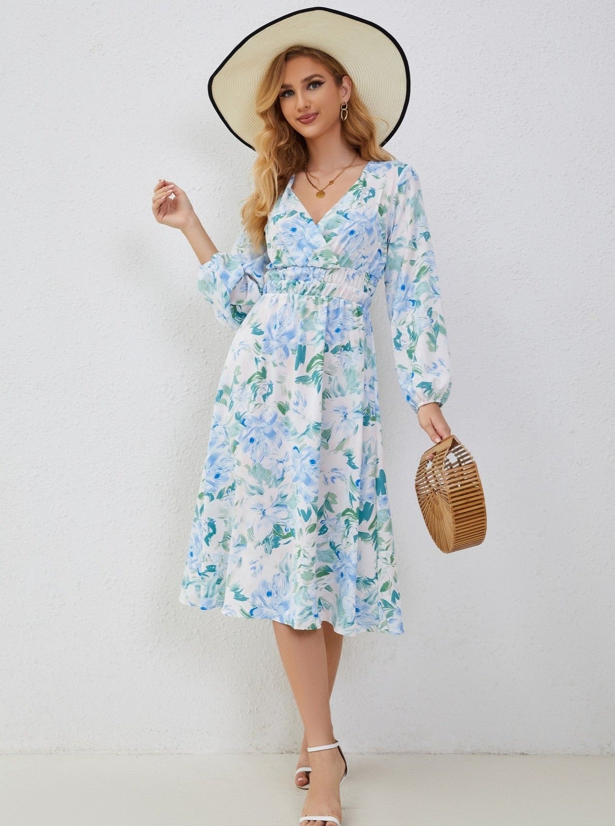 Floral Print Lantern Sleeve V-Neck Midi Dress