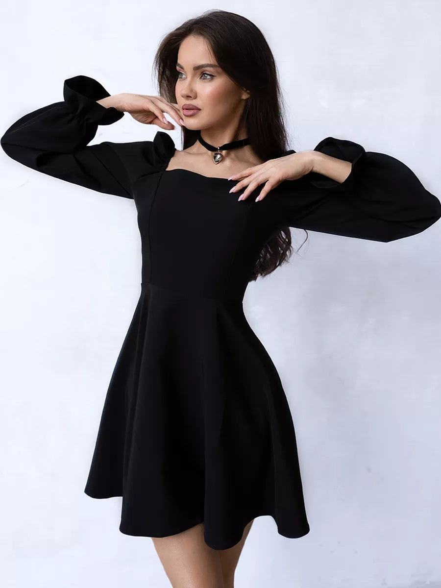 Classy Square Neck Long Lantern Sleeve High Waist Mini Dress