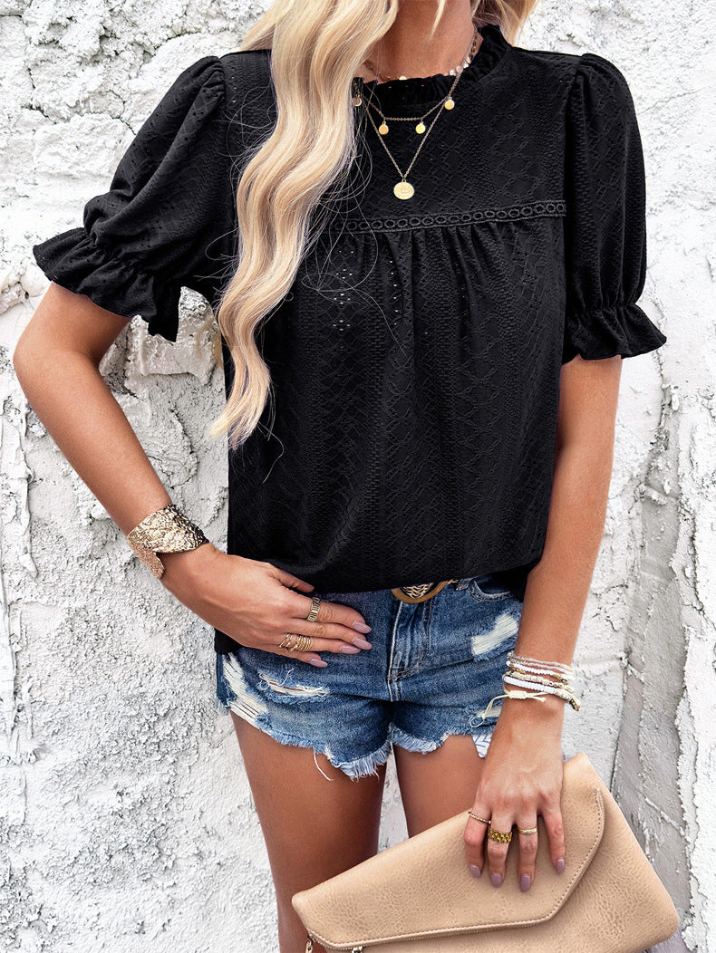 Casual Short Sleeved Black Hollow Blouse