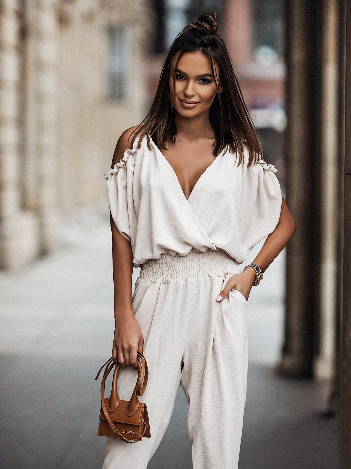 Casual Deep V-Neck Pocket Elastic Waist Jumpsuit